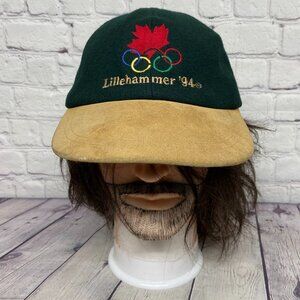 Vintage Olympics Hat Fleece Cap Strap Back Lillehammer '94 Green Brown 1994 90s